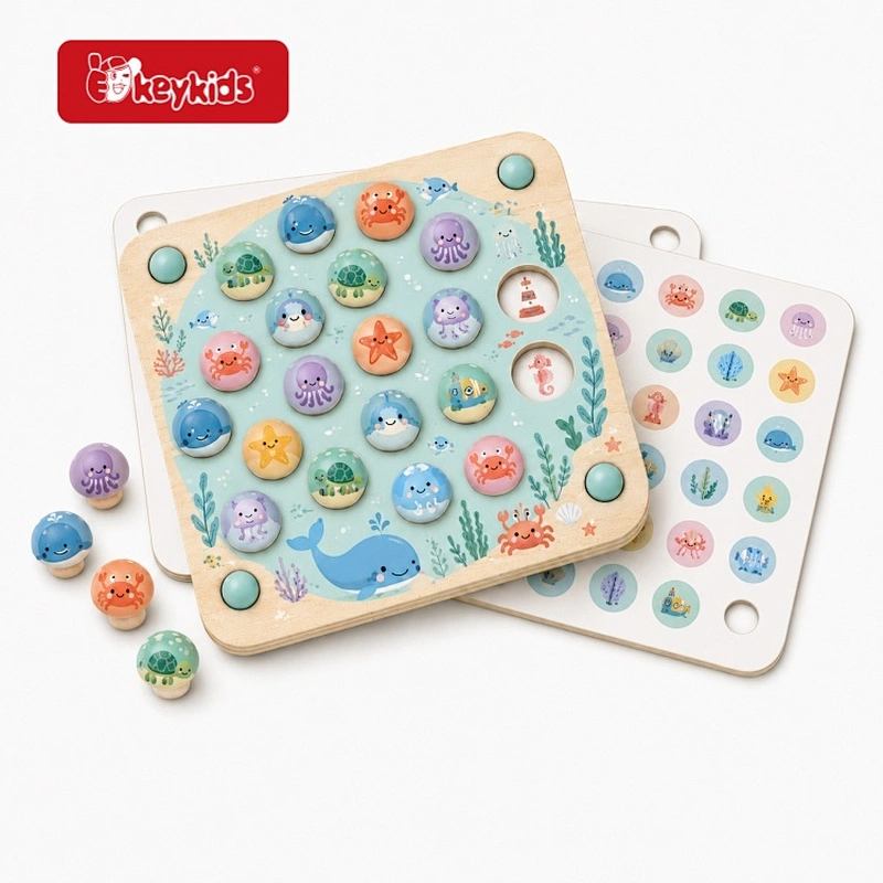 Wooden Ocean Animal Theme Sorting Matching Toy With Double Sided Cards and Interactive Marine Life Button Puzzle Game W12E249